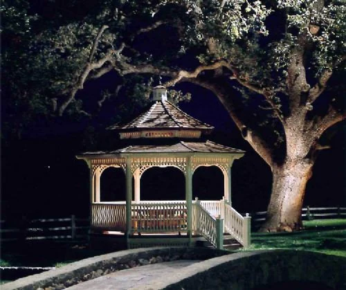 A white gazebo lit at night beneath a large lit tree.
